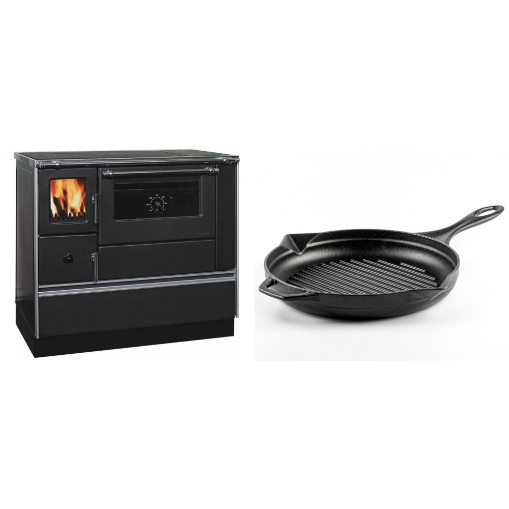 Set Küchenofen / Küchenhexe mit Backofen und Kochplatte Alfa Plam, Modell Dominant 90H, Leistung 6.5kW + Emaillierte grillpfanne Gusseisen Solagio, Black Onyx, Ф28cm