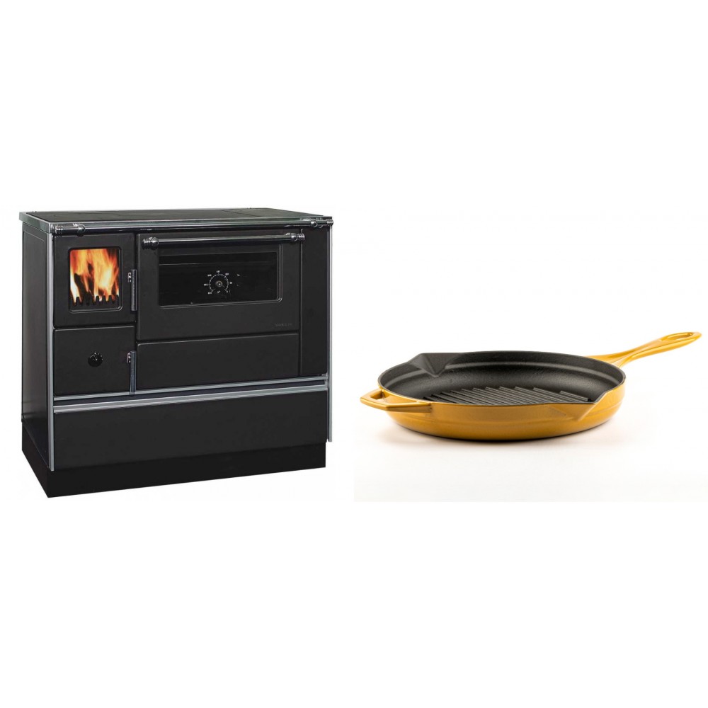 Set Küchenofen / Küchenhexe mit Backofen und Kochplatte Alfa Plam, Modell Dominant 90H, Leistung 6.5kW + Emaillierte grillpfanne Gusseisen Solagio, Dijon, Ф28cm | Kaminofen - Holzofen mit Backfach | Kaminofen |