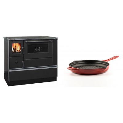 Set Küchenofen / Küchenhexe mit Backofen und Kochplatte Alfa Plam, Modell Dominant 90H, Leistung 6.5kW + Emaillierte grillpfanne Gusseisen Solagio, Rubin, Ф24cm - Kaminofen - Holzofen mit Backfach