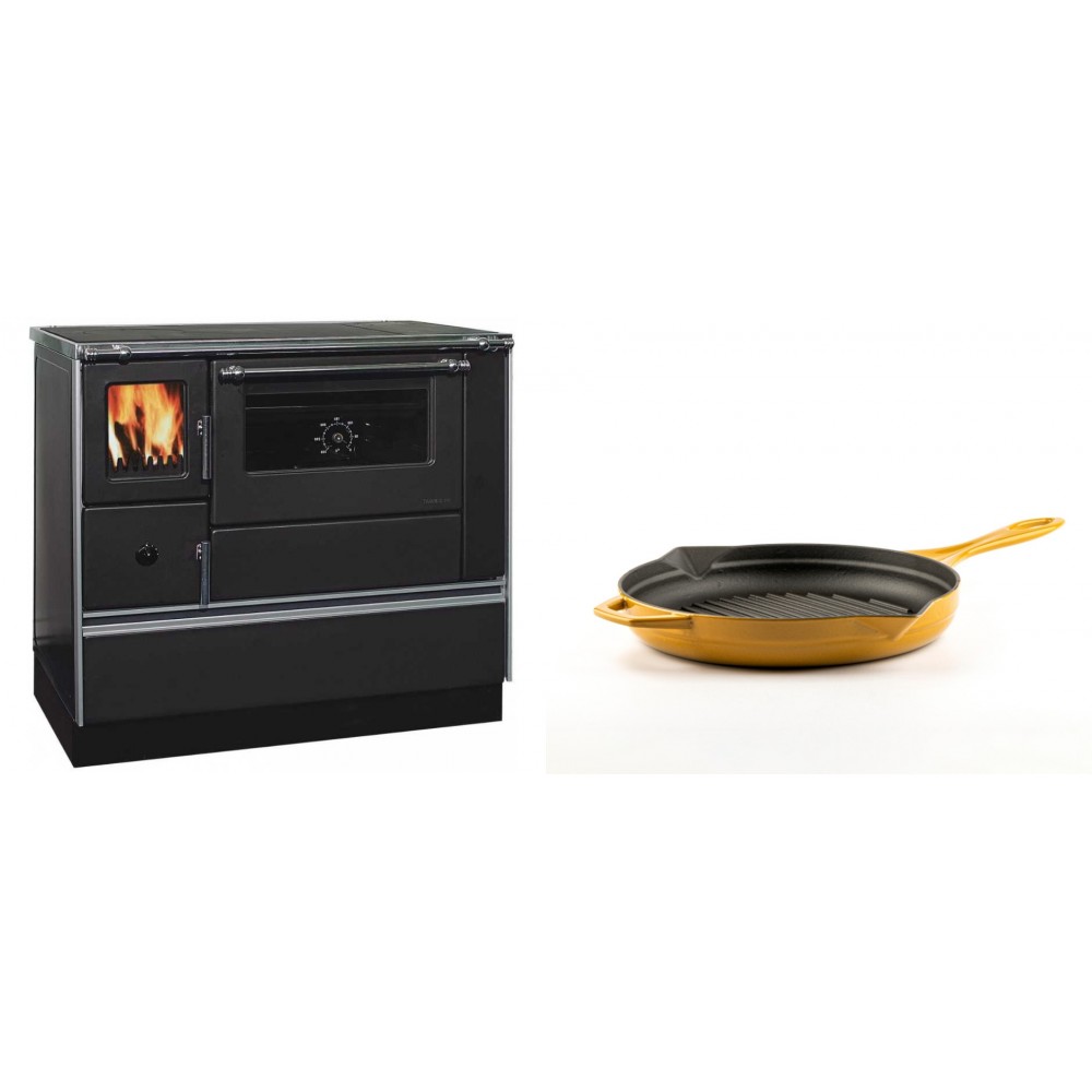 Set Küchenofen / Küchenhexe mit Backofen und Kochplatte Alfa Plam, Modell Dominant 90H, Leistung 6.5kW + Emaillierte grillpfanne Gusseisen Solagio, Dijon, Ф24cm | Kaminofen - Holzofen mit Backfach | Kaminofen |