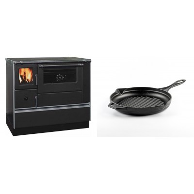 Set Küchenofen / Küchenhexe mit Backofen und Kochplatte Alfa Plam, Modell Dominant 90H, Leistung 6.5kW + Emaillierte grillpfanne Gusseisen Solagio, Black Onyx, Ф24cm - Kaminofen - Holzofen mit Backfach