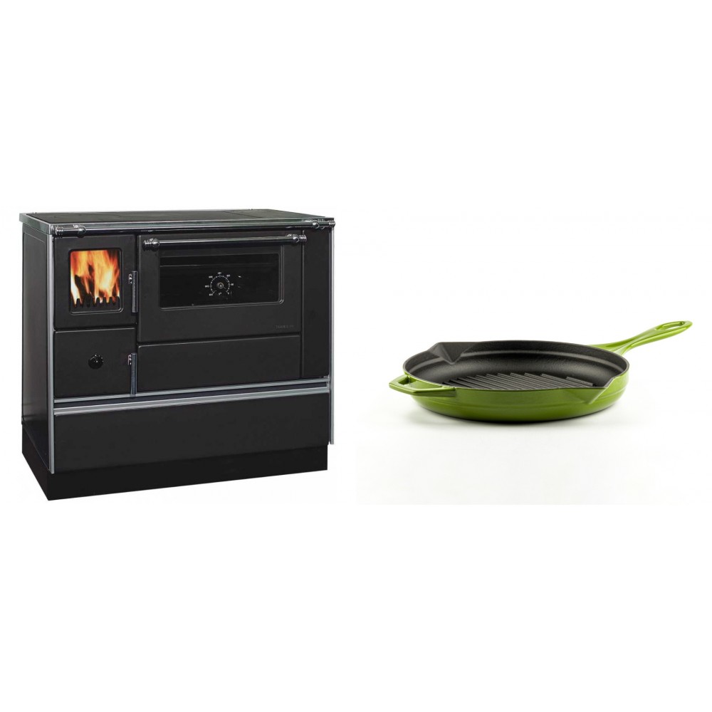 Set Küchenofen / Küchenhexe mit Backofen und Kochplatte Alfa Plam, Modell Dominant 90H, Leistung 6.5kW + Emaillierte grillpfanne Gusseisen Solagio, Bamboo, Ф24cm | Kaminofen - Holzofen mit Backfach | Kaminofen |