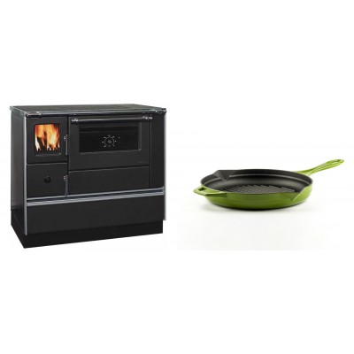 Set Küchenofen / Küchenhexe mit Backofen und Kochplatte Alfa Plam, Modell Dominant 90H, Leistung 6.5kW + Emaillierte grillpfanne Gusseisen Solagio, Bamboo, Ф24cm - Kaminofen - Holzofen mit Backfach