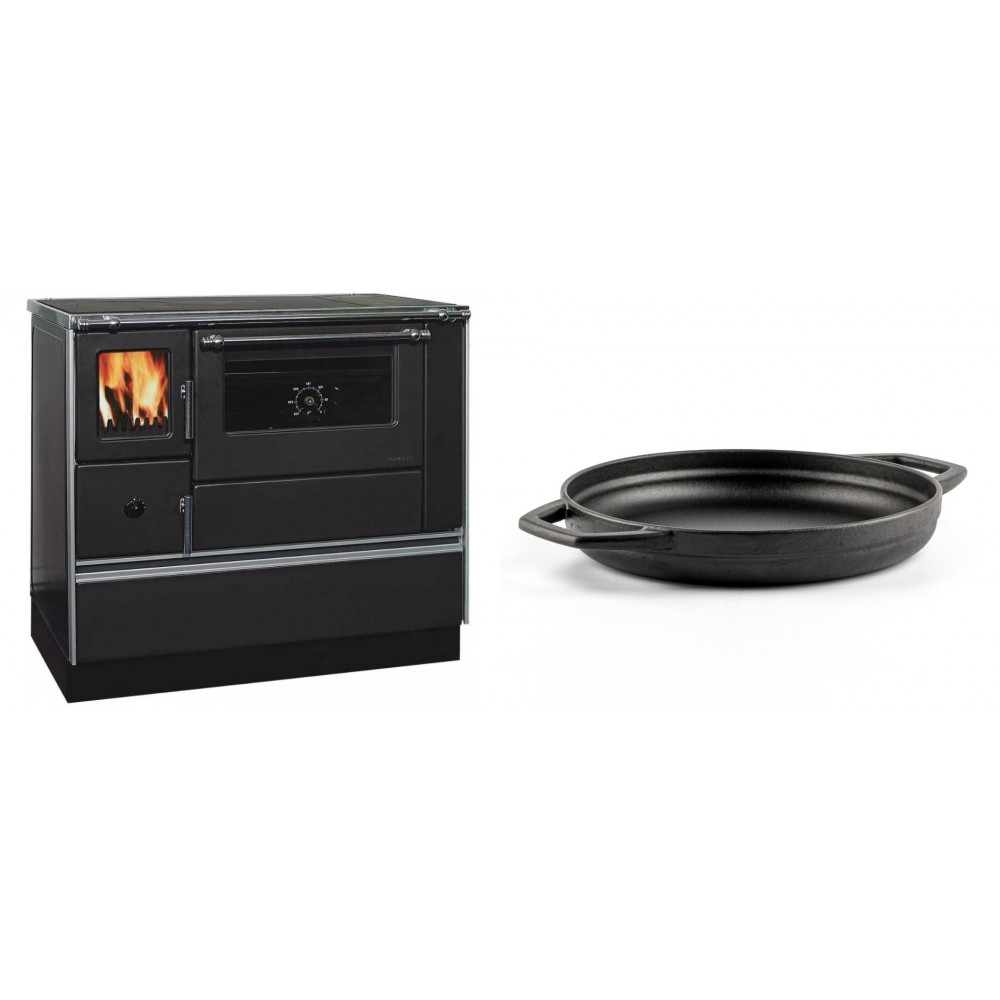 Set Küchenofen / Küchenhexe mit Backofen und Kochplatte Alfa Plam, Modell Dominant 90H, Leistung 6.5kW + Emaillierte gusseisenpfanne mit zwei Griffen Solagio, Black Onyx, Ф22cm | Kaminofen - Holzofen mit Backfach | Kaminofen |