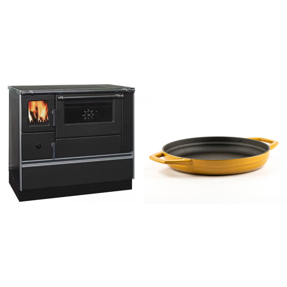 Set Küchenofen / Küchenhexe mit Backofen und Kochplatte Alfa Plam, Modell Dominant 90H, Leistung 6.5kW + Emaillierte gusseisenpfanne mit zwei Griffen Solagio, Dijon, Ф22cm | Kaminofen - Holzofen mit Backfach | Kaminofen |