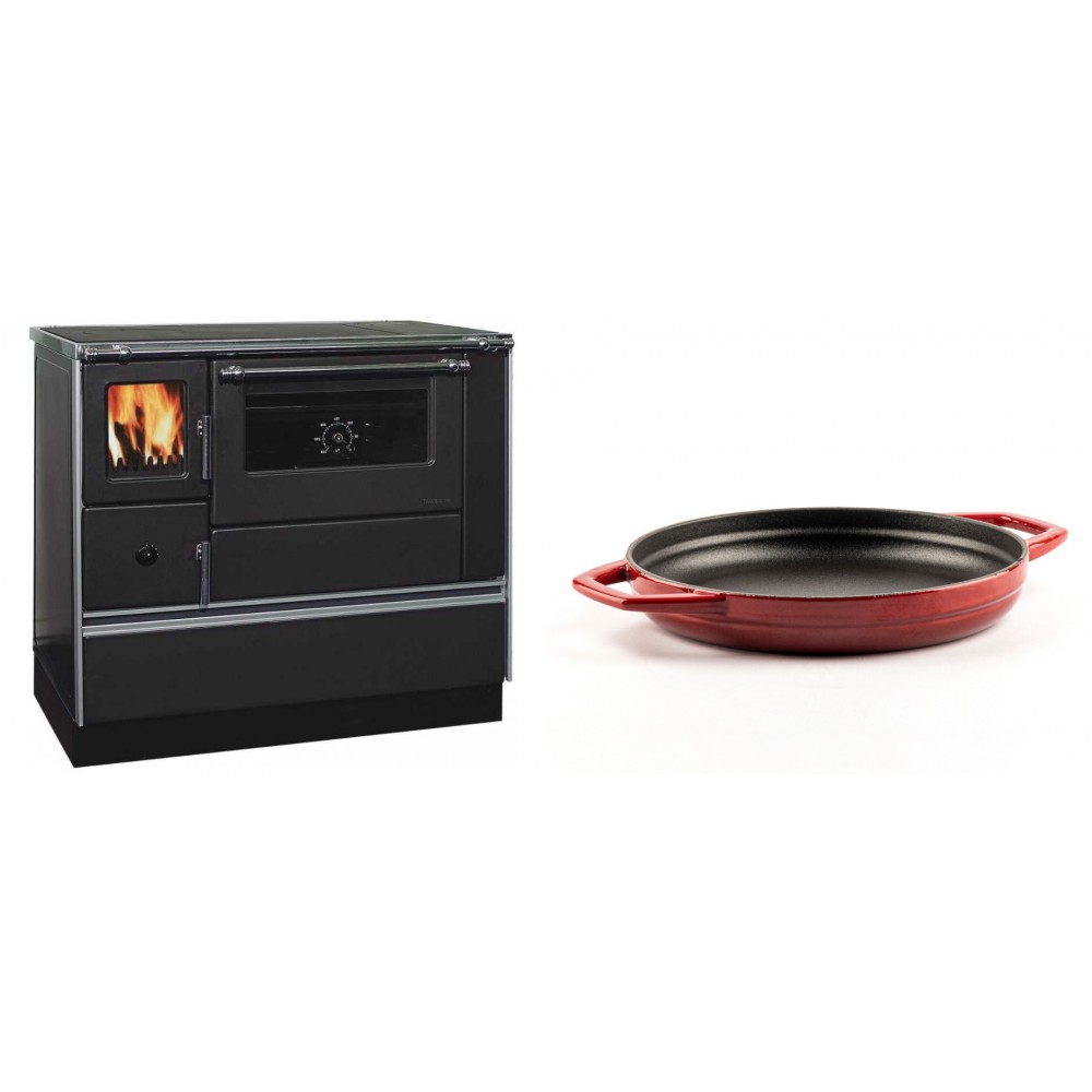 Set Küchenofen / Küchenhexe mit Backofen und Kochplatte Alfa Plam, Modell Dominant 90H, Leistung 6.5kW + Emaillierte gusseisenpfanne mit zwei Griffen Solagio, Rubin, Ф22cm