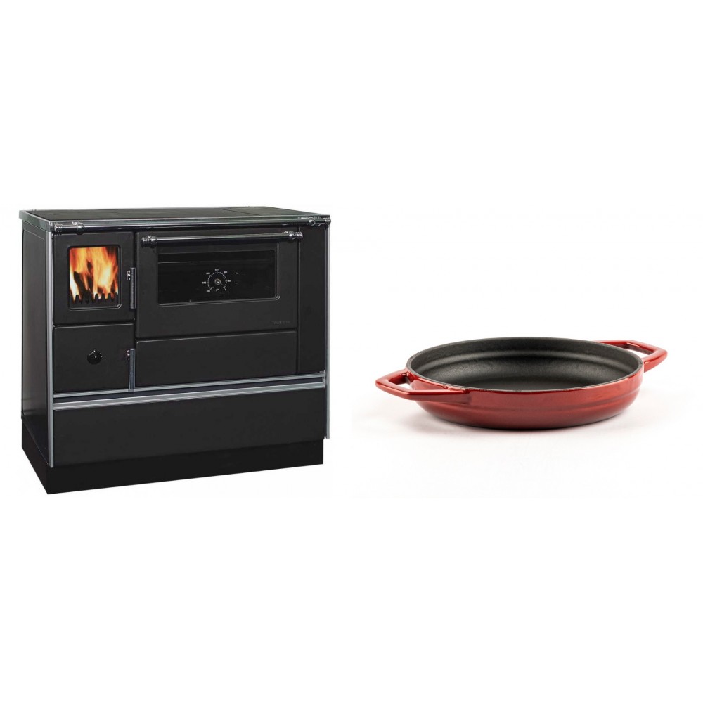 Set Küchenofen / Küchenhexe mit Backofen und Kochplatte Alfa Plam, Modell Dominant 90H, Leistung 6.5kW + Emaillierte gusseisenpfanne mit zwei Griffen Solagio, Rubin, Ф19cm | Kaminofen - Holzofen mit Backfach | Kaminofen |
