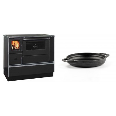 Set Küchenofen / Küchenhexe mit Backofen und Kochplatte Alfa Plam, Modell Dominant 90H, Leistung 6.5kW + Emaillierte gusseisenpfanne mit zwei Griffen Solagio, Black Onyx, Ф19cm - Kaminofen - Holzofen mit Backfach
