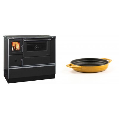 Set Küchenofen / Küchenhexe mit Backofen und Kochplatte Alfa Plam, Modell Dominant 90H, Leistung 6.5kW + Emaillierte gusseisenpfanne mit zwei Griffen Solagio, Dijon, Ф16cm - Kaminofen - Holzofen mit Backfach