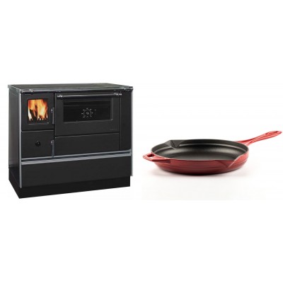 Set Küchenofen / Küchenhexe mit Backofen und Kochplatte Alfa Plam, Modell Dominant 90H, Leistung 6.5kW + Emaillierte Gusseisenpfanne Solagio, Rubin, Ф28cm - Kaminofen - Holzofen mit Backfach