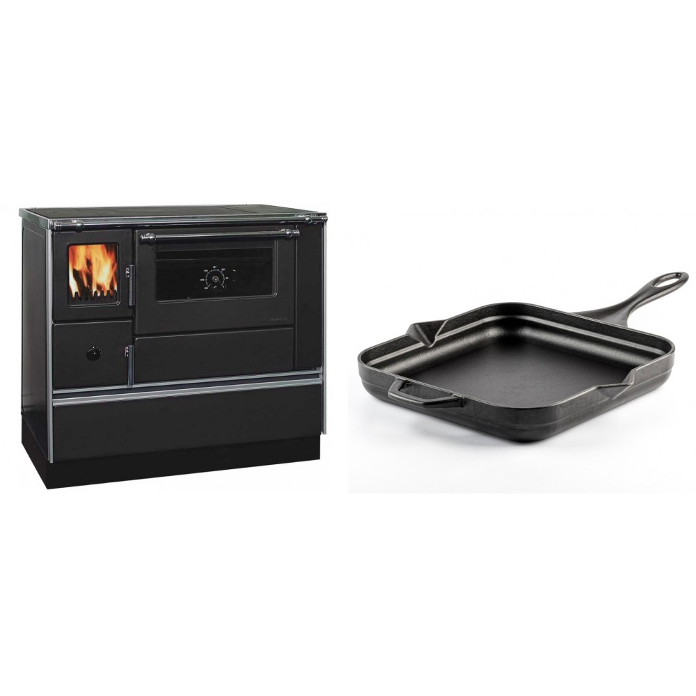 Set Küchenofen / Küchenhexe mit Backofen und Kochplatte Alfa Plam, Modell Dominant 90H, Leistung 6.5kW + Emaillierte Gusseisenpfanne Solagio, Black Onyx, 28x28cm