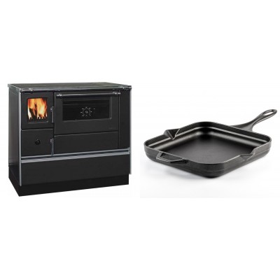 Set Küchenofen / Küchenhexe mit Backofen und Kochplatte Alfa Plam, Modell Dominant 90H, Leistung 6.5kW + Emaillierte Gusseisenpfanne Solagio, Black Onyx, 28x28cm - Kaminofen - Holzofen mit Backfach