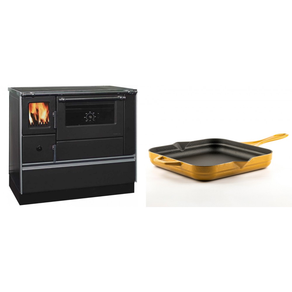 Set Küchenofen / Küchenhexe mit Backofen und Kochplatte Alfa Plam, Modell Dominant 90H, Leistung 6.5kW + Emaillierte Gusseisenpfanne Solagio, Dijon, 28x28cm