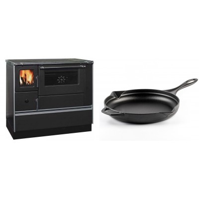 Set Küchenofen / Küchenhexe mit Backofen und Kochplatte Alfa Plam, Modell Dominant 90H, Leistung 6.5kW + Emaillierte Gusseisenpfanne Solagio, Black Onyx, Ф28cm - Kaminofen - Holzofen mit Backfach