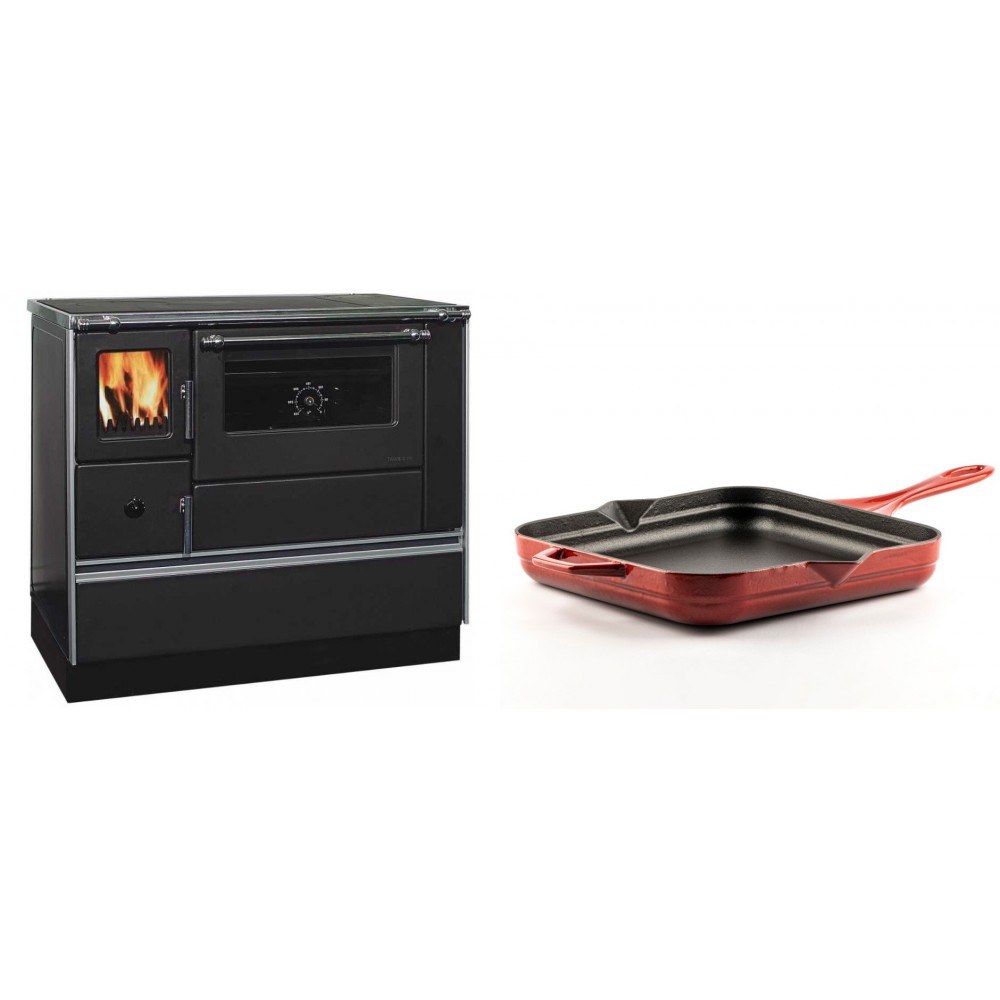 Set Küchenofen / Küchenhexe mit Backofen und Kochplatte Alfa Plam, Modell Dominant 90H, Leistung 6.5kW + Emaillierte Gusseisenpfanne Solagio, Rubin, 28x28cm | Kaminofen - Holzofen mit Backfach | Kaminofen |