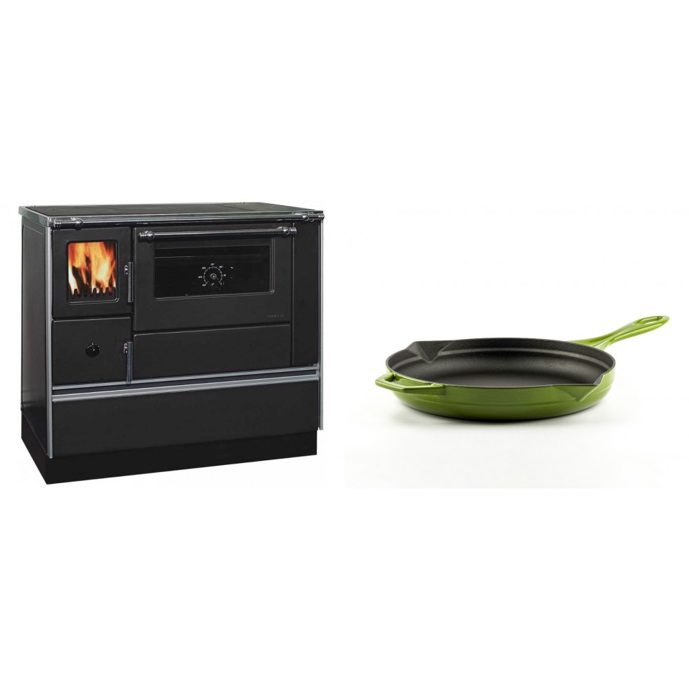 Set Küchenofen / Küchenhexe mit Backofen und Kochplatte Alfa Plam, Modell Dominant 90H, Leistung 6.5kW + Emaillierte Gusseisenpfanne Solagio, Bamboo, Ф24cm