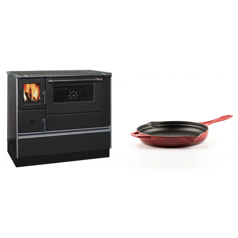 Set Küchenofen / Küchenhexe mit Backofen und Kochplatte Alfa Plam, Modell Dominant 90H, Leistung 6.5kW + Emaillierte Gusseisenpfanne Solagio, Rubin, Ф24cm | Kaminofen - Holzofen mit Backfach | Kaminofen |