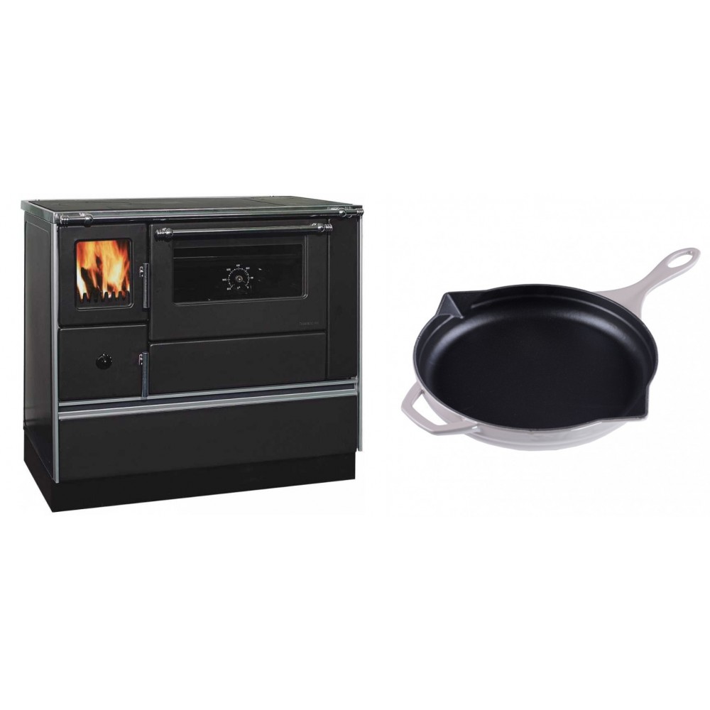 Set Küchenofen / Küchenhexe mit Backofen und Kochplatte Alfa Plam, Modell Dominant 90H, Leistung 6.5kW + Emaillierte Gusseisenpfanne Solagio, Ivory, Ф28cm