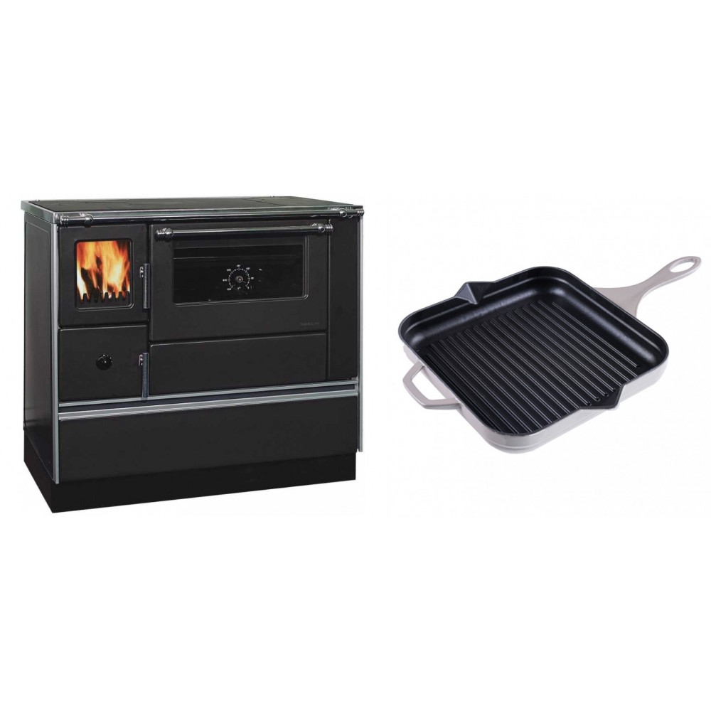 Set Küchenofen / Küchenhexe mit Backofen und Kochplatte Alfa Plam, Modell Dominant 90H, Leistung 6.5kW + Emaillierte grillpfanne Gusseisen Solagio, Ivory, 28x28cm | Kaminofen - Holzofen mit Backfach | Kaminofen |