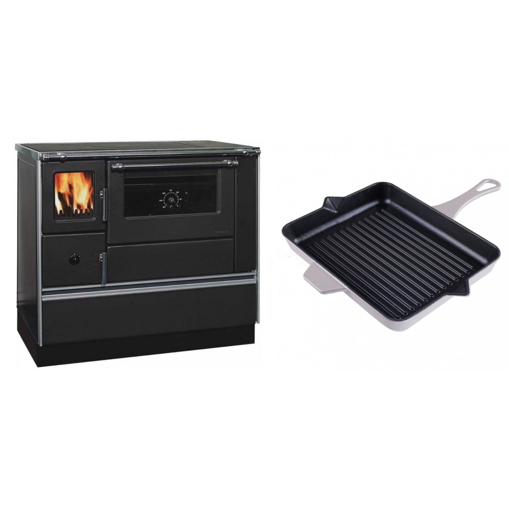 Set Küchenofen / Küchenhexe mit Backofen und Kochplatte Alfa Plam, Modell Dominant 90H, Leistung 6.5kW + Emaillierte grillpfanne Gusseisen Solagio, Ivory, 26x32cm