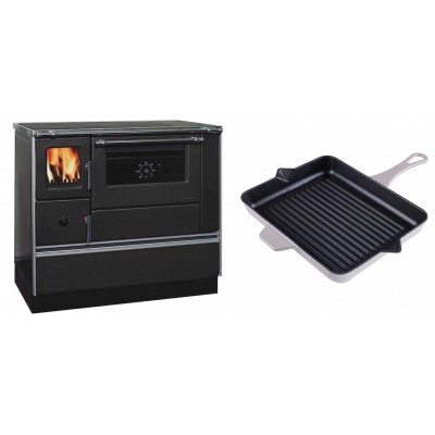 Set Küchenofen / Küchenhexe mit Backofen und Kochplatte Alfa Plam, Modell Dominant 90H, Leistung 6.5kW + Emaillierte grillpfanne Gusseisen Solagio, Ivory, 26x32cm - Kaminofen - Holzofen mit Backfach