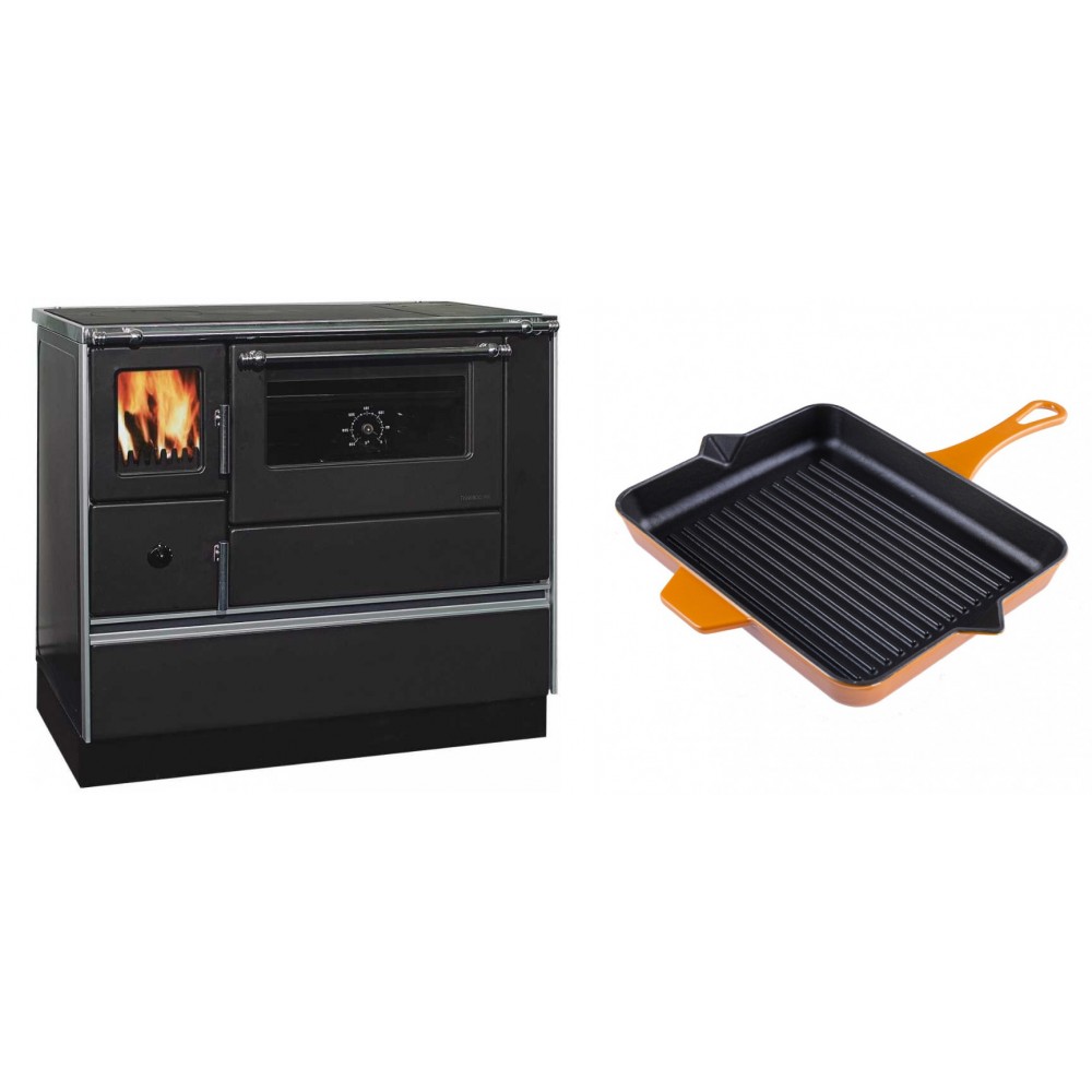 Set Küchenofen / Küchenhexe mit Backofen und Kochplatte Alfa Plam, Modell Dominant 90H, Leistung 6.5kW + Emaillierte grillpfanne Gusseisen Solagio, Dijon, 26x32cm | Kaminofen - Holzofen mit Backfach | Kaminofen |