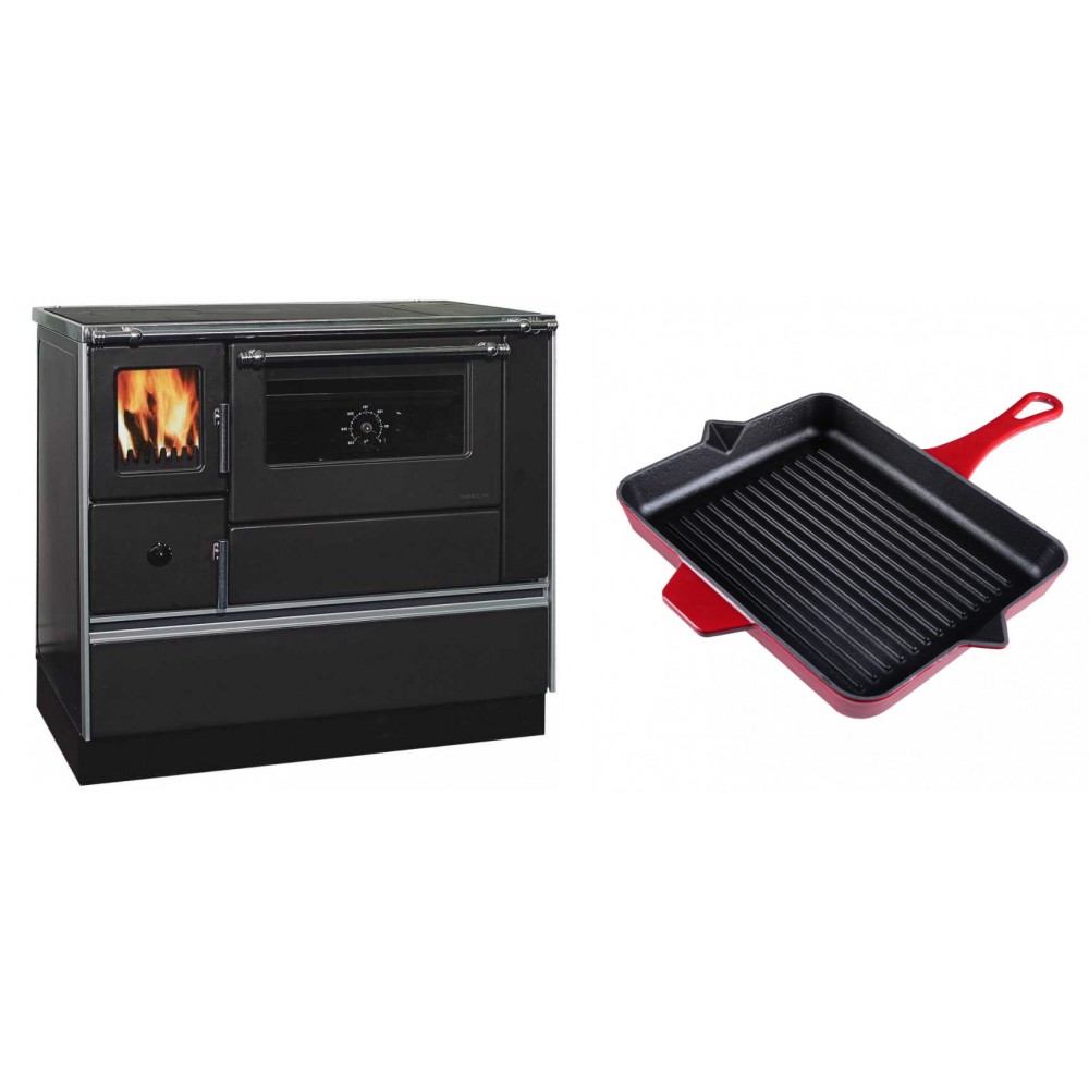 Set Küchenofen / Küchenhexe mit Backofen und Kochplatte Alfa Plam, Modell Dominant 90H, Leistung 6.5kW + Emaillierte grillpfanne Gusseisen Solagio, Rubin, 26x32cm