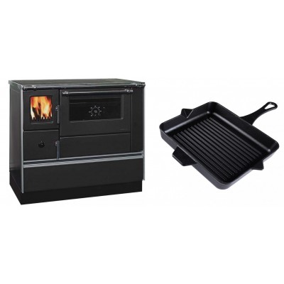 Set Küchenofen / Küchenhexe mit Backofen und Kochplatte Alfa Plam, Modell Dominant 90H, Leistung 6.5kW + Emaillierte grillpfanne Gusseisen Solagio, Black Onyx, 26x32cm - Kaminofen - Holzofen mit Backfach
