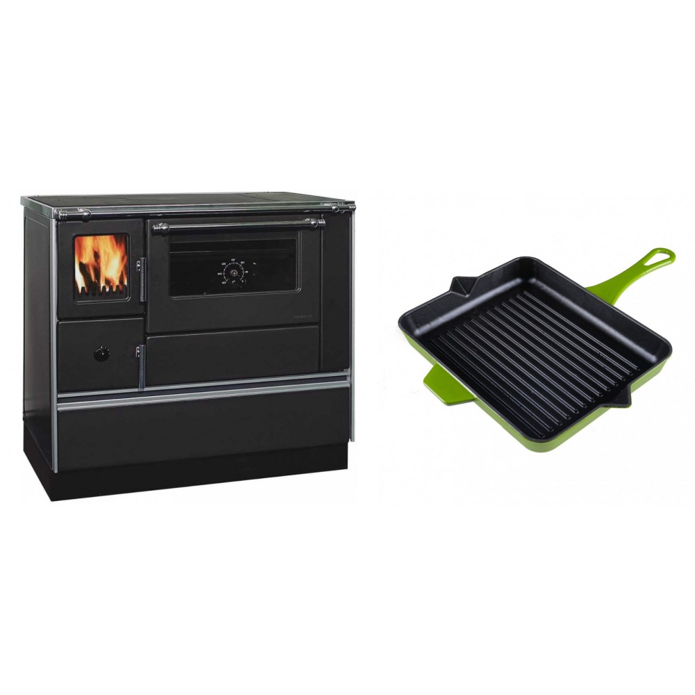 Set Küchenofen / Küchenhexe mit Backofen und Kochplatte Alfa Plam, Modell Dominant 90H, Leistung 6.5kW + Emaillierte grillpfanne Gusseisen Solagio, Bamboo, 26x32cm