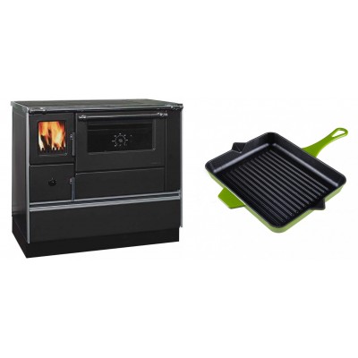 Set Küchenofen / Küchenhexe mit Backofen und Kochplatte Alfa Plam, Modell Dominant 90H, Leistung 6.5kW + Emaillierte grillpfanne Gusseisen Solagio, Bamboo, 26x32cm - Kaminofen - Holzofen mit Backfach