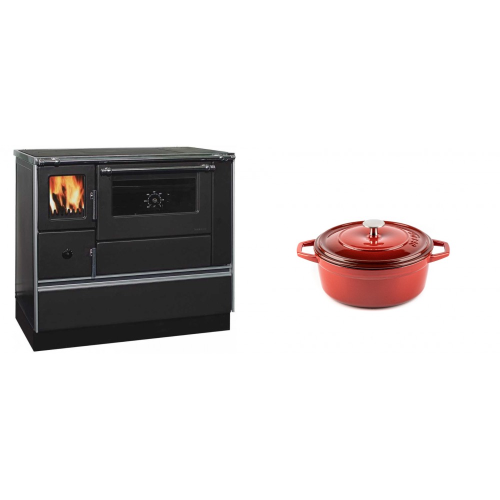 Set Küchenofen / Küchenhexe mit Backofen und Kochplatte Alfa Plam, Modell Dominant 90H, Leistung 6.5kW + Gusseisen Topf Tiefer Solagio, Rubin, Ф12 | Kaminofen - Holzofen mit Backfach | Kaminofen |