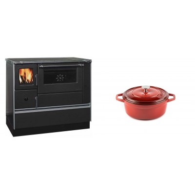 Set Küchenofen / Küchenhexe mit Backofen und Kochplatte Alfa Plam, Modell Dominant 90H, Leistung 6.5kW + Gusseisen Topf Tiefer Solagio, Rubin, Ф12 - Kaminofen - Holzofen mit Backfach