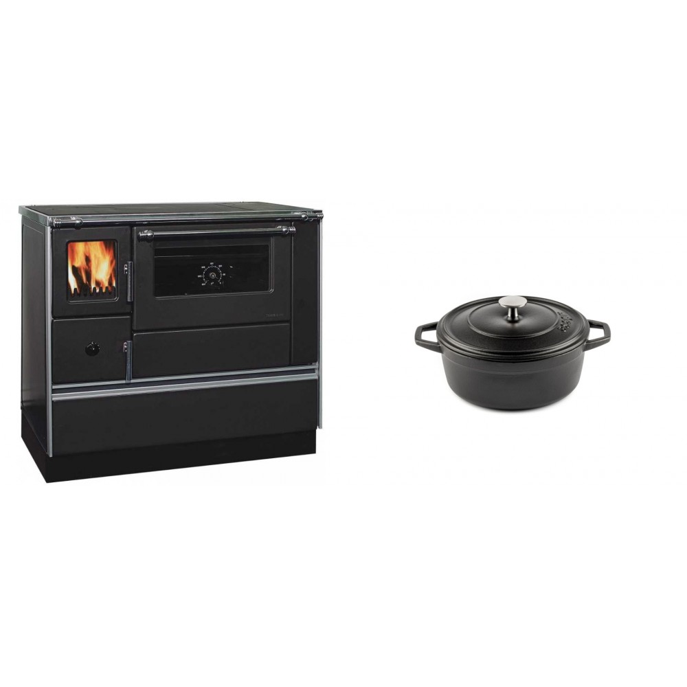 Set Küchenofen / Küchenhexe mit Backofen und Kochplatte Alfa Plam, Modell Dominant 90H, Leistung 6.5kW + Gusseisen Topf Tiefer Solagio, Black Onyx, Ф12