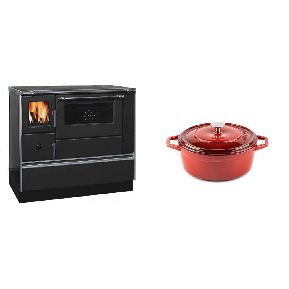 Set Küchenofen / Küchenhexe mit Backofen und Kochplatte Alfa Plam, Modell Dominant 90H, Leistung 6.5kW + Gusseisen Topf Tiefer Solagio, Rubin, Ф20 | Kaminofen - Holzofen mit Backfach | Kaminofen |