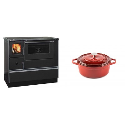 Set Küchenofen / Küchenhexe mit Backofen und Kochplatte Alfa Plam, Modell Dominant 90H, Leistung 6.5kW + Gusseisen Topf Tiefer Solagio, Rubin, Ф20 - Kaminofen - Holzofen mit Backfach
