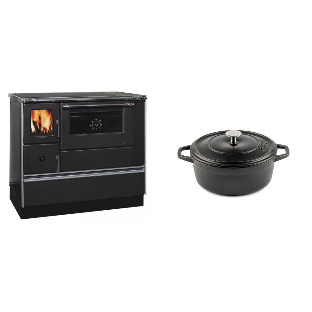 Set Küchenofen / Küchenhexe mit Backofen und Kochplatte Alfa Plam, Modell Dominant 90H, Leistung 6.5kW + Gusseisen Topf Tiefer Solagio, Black Onyx, Ф20 | Kaminofen - Holzofen mit Backfach | Kaminofen |