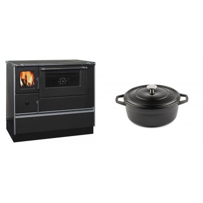 Set Küchenofen / Küchenhexe mit Backofen und Kochplatte Alfa Plam, Modell Dominant 90H, Leistung 6.5kW + Gusseisen Topf Tiefer Solagio, Black Onyx, Ф20 - Kaminofen - Holzofen mit Backfach