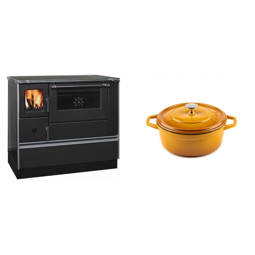 Set Küchenofen / Küchenhexe mit Backofen und Kochplatte Alfa Plam, Modell Dominant 90H, Leistung 6.5kW + Gusseisen Topf Tiefer Solagio, Dijon, Ф20 | Kaminofen - Holzofen mit Backfach | Kaminofen |