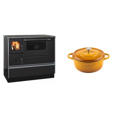 Set Küchenofen / Küchenhexe mit Backofen und Kochplatte Alfa Plam, Modell Dominant 90H, Leistung 6.5kW + Gusseisen Topf Tiefer Solagio, Dijon, Ф20 - Kaminofen - Holzofen mit Backfach