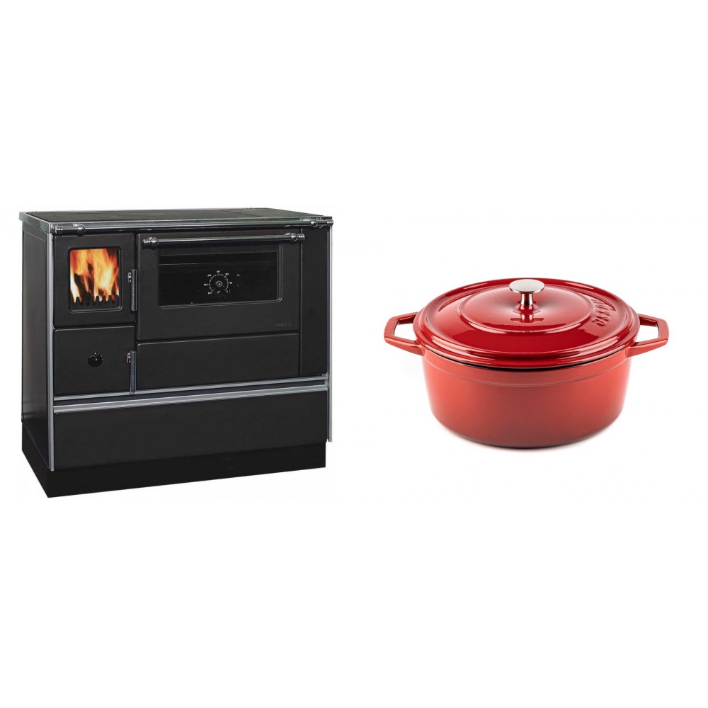 Set Küchenofen / Küchenhexe mit Backofen und Kochplatte Alfa Plam, Modell Dominant 90H, Leistung 6.5kW + Gusseisen Topf Tiefer Solagio, Rubin, Ф24 | Kaminofen - Holzofen mit Backfach | Kaminofen |