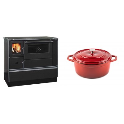 Set Küchenofen / Küchenhexe mit Backofen und Kochplatte Alfa Plam, Modell Dominant 90H, Leistung 6.5kW + Gusseisen Topf Tiefer Solagio, Rubin, Ф24 - Kaminofen - Holzofen mit Backfach