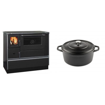 Set Küchenofen / Küchenhexe mit Backofen und Kochplatte Alfa Plam, Modell Dominant 90H, Leistung 6.5kW + Gusseisen Topf Tiefer Solagio, Black Onyx, Ф24 - Kaminofen - Holzofen mit Backfach