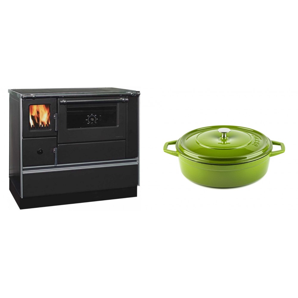 Set Küchenofen / Küchenhexe mit Backofen und Kochplatte Alfa Plam, Modell Dominant 90H, Leistung 6.5kW + Gusseisen Topf Flach Solagio, Bamboo, Ф26