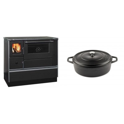 Set Küchenofen / Küchenhexe mit Backofen und Kochplatte Alfa Plam, Modell Dominant 90H, Leistung 6.5kW + Gusseisen Topf Flach Solagio, Black Onyx, Ф26 - Kaminofen - Holzofen mit Backfach