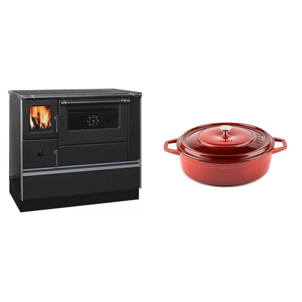 Set Küchenofen / Küchenhexe mit Backofen und Kochplatte Alfa Plam, Modell Dominant 90H, Leistung 6.5kW + Gusseisen Topf Flach Solagio, Rubin, Ф26 | Kaminofen - Holzofen mit Backfach | Kaminofen |