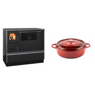 Set Küchenofen / Küchenhexe mit Backofen und Kochplatte Alfa Plam, Modell Dominant 90H, Leistung 6.5kW + Gusseisen Topf Flach Solagio, Rubin, Ф26 - Kaminofen - Holzofen mit Backfach