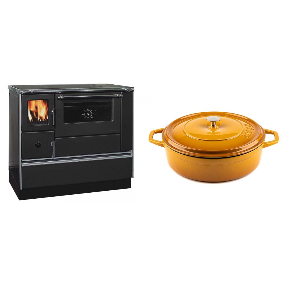 Set Küchenofen / Küchenhexe mit Backofen und Kochplatte Alfa Plam, Modell Dominant 90H, Leistung 6.5kW + Gusseisen Topf Flach Solagio, Dijon, Ф28