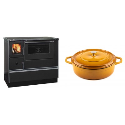 Set Küchenofen / Küchenhexe mit Backofen und Kochplatte Alfa Plam, Modell Dominant 90H, Leistung 6.5kW + Gusseisen Topf Flach Solagio, Dijon, Ф28 - Kaminofen - Holzofen mit Backfach