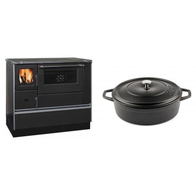 Set Küchenofen / Küchenhexe mit Backofen und Kochplatte Alfa Plam, Modell Dominant 90H, Leistung 6.5kW + Gusseisen Topf Flach Solagio, Black Onyx, Ф28 - Kaminofen - Holzofen mit Backfach