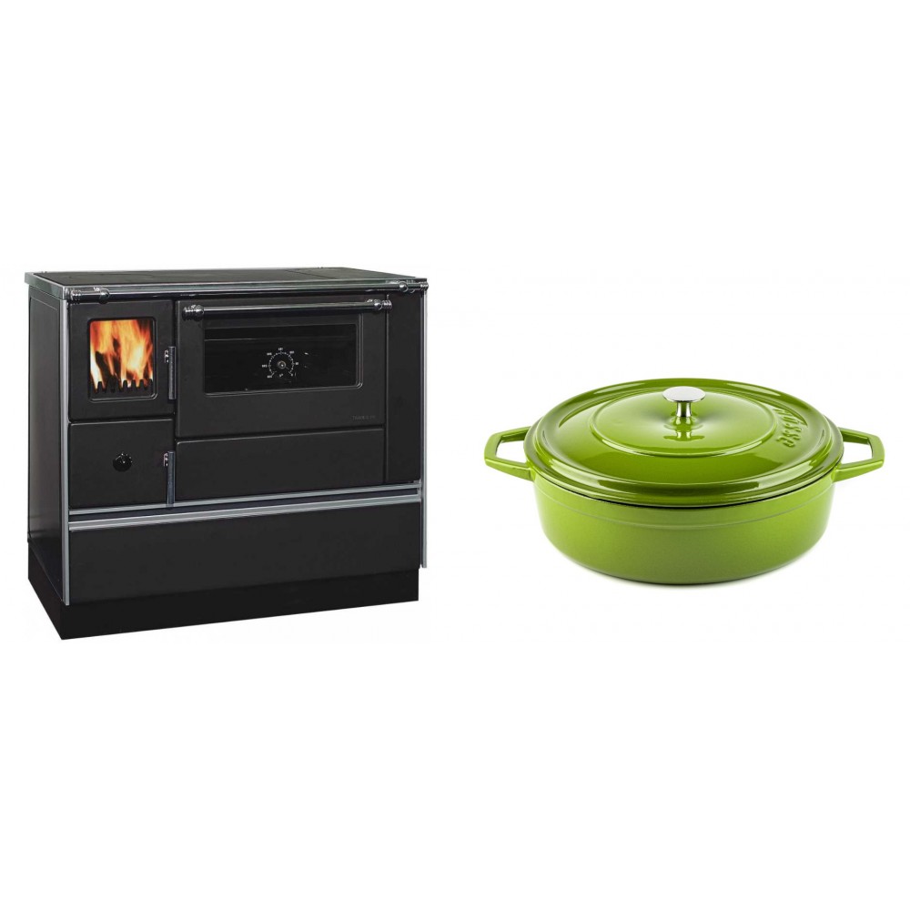 Set Küchenofen / Küchenhexe mit Backofen und Kochplatte Alfa Plam, Modell Dominant 90H, Leistung 6.5kW + Gusseisen Topf Flach Solagio, Bamboo, Ф28